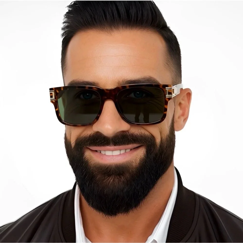 Mens Tortoise Square Sunglasses Gold Metal‎ Temple Dark Green Lens Retro Luxury